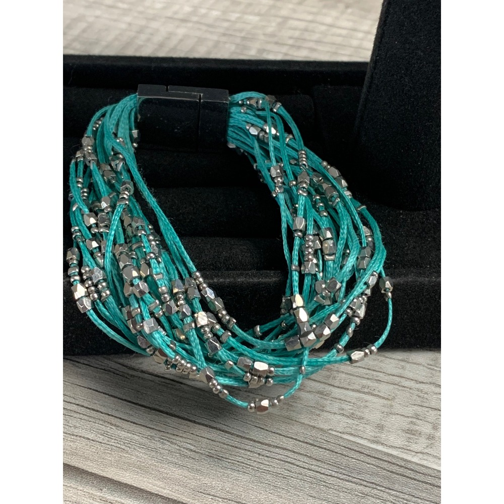 Teal Turquoise Multi Strand Cord Bracelet Silver Tone Beads Magnetic Clasp 6in